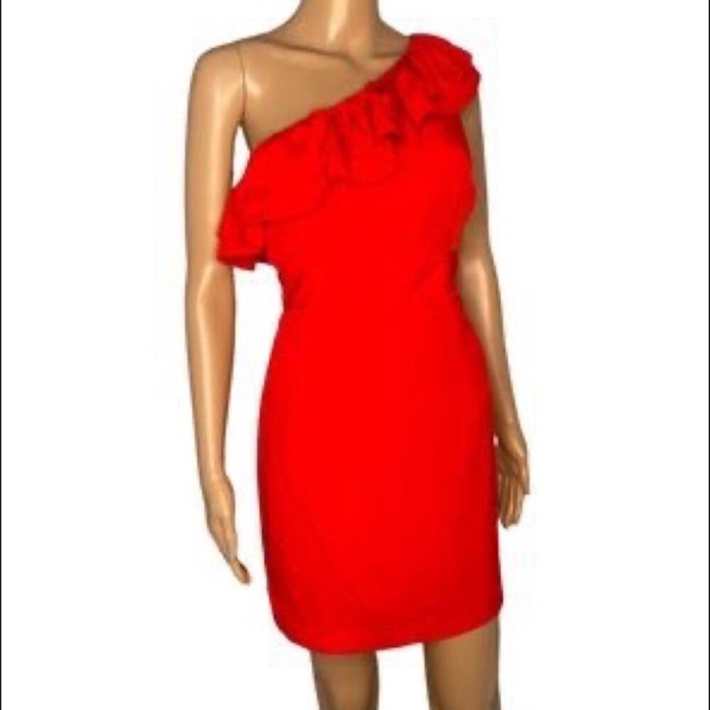 NWT Level Eight Mini Dress Medium Formal One Shoulder Ruffle Bodycon Zip Red